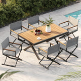 Grand patio 7-Piece Outdoor Dining Set, 6 Extra-Wide Foldable Chairs & 1 Extendable Table, UV-Resistant Mesh Patio Furniture Set, Wood Grain Tabletop for Garden, Yard and Terrace, Black Grand patio