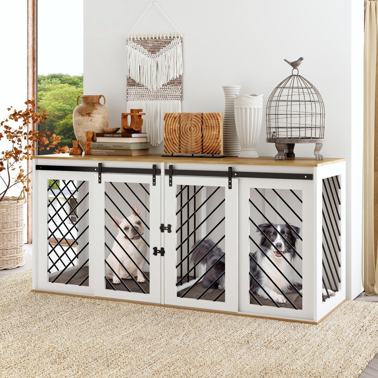 DAWNSPACES Furniture Dog Crate,71" Heavy Duty Wooden Dog Cage Kennel with a Removable Divider & Sliding Doors,Indoor Furniture Style Dog Crate Table,Dog House for Large Medium Small Dogs,White DAWNSPACES