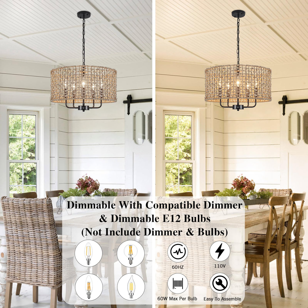 LASENCHOO 5 Lights Rattan Wicker Drum Chandeliers for Dining Room, Dia 19" Drum Pendant Light Fixture Hanging Boho Chandelier for Living Room Kitchen Entryway Hallway Bedroom, Height Adjustment LASENCHOO