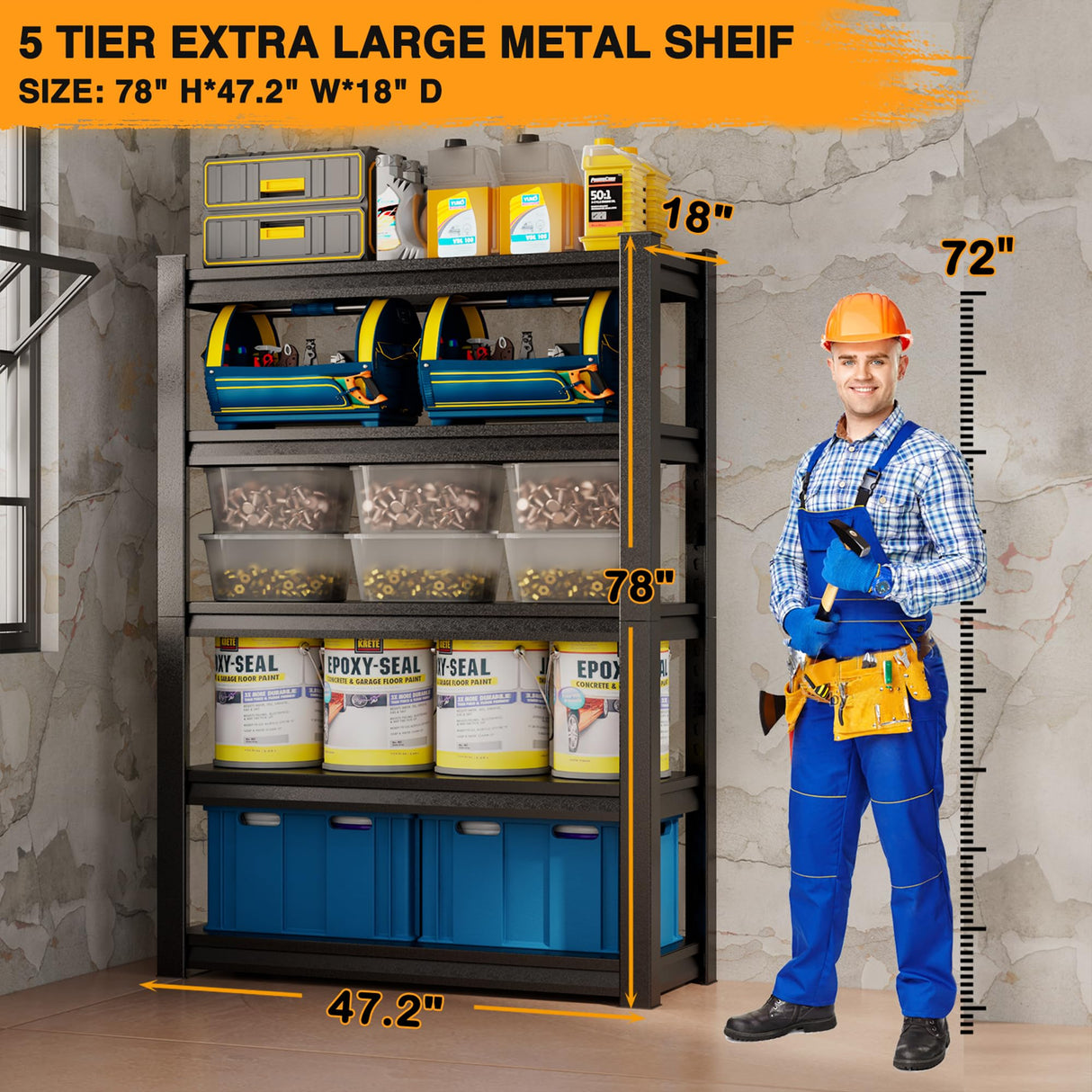 BEESTMUEBLE 5 Tier Garage Shelving, Heavy Duty Storage Rack, Adjustable Metal Shelf Units, Industrial Warehouse Shelves, 47.2" W x 18" D x 78" H BEESTMUEBLE