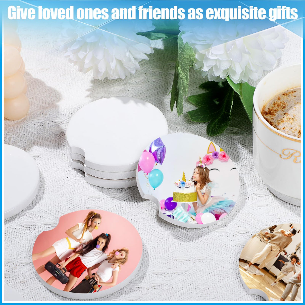 Guiqulai 48PCS Ceramic Car Sublimation Blanks Cupholders,Absorbent Ceramic Sublimation Coasters Blanks with Finger Notch,2.6'' Ceramic Stone Car Cup Coasters with Cork Back for Keeping Drink Spill Guiqulai
