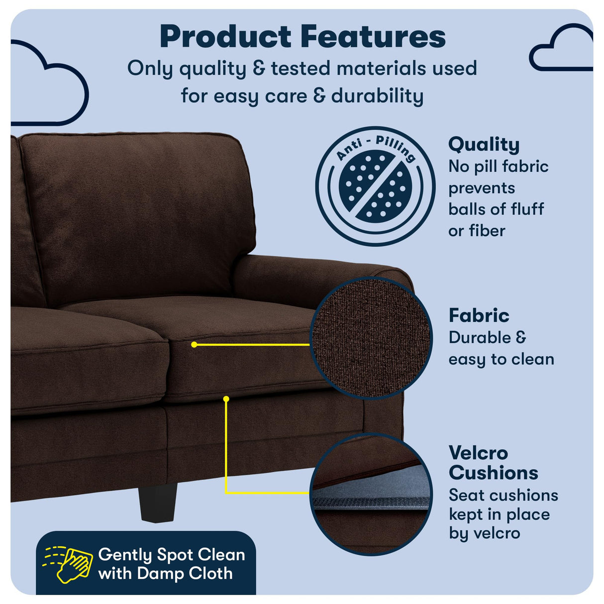 Serta Copenhagen Rolled Arm Sofa, Easy Care Polyester, Soft Pillow Back, Pocket Coil Seat Cushions, Removable Covers, Couch for Small Spaces, Living Rooms or Bedrooms, 61" Loveseat, Brown Serta