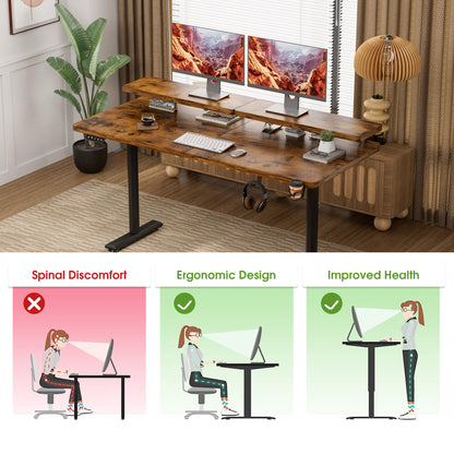 Shahoo Electric Standing Desk with Monitor Shelf, 55 x 24 Inches Height Adjustable Corner Table, Computer Workstation with Cup Holder and Hook for Home Office, Brown, 55x24 Inch, Rustic Brwon - WoodArtSupply