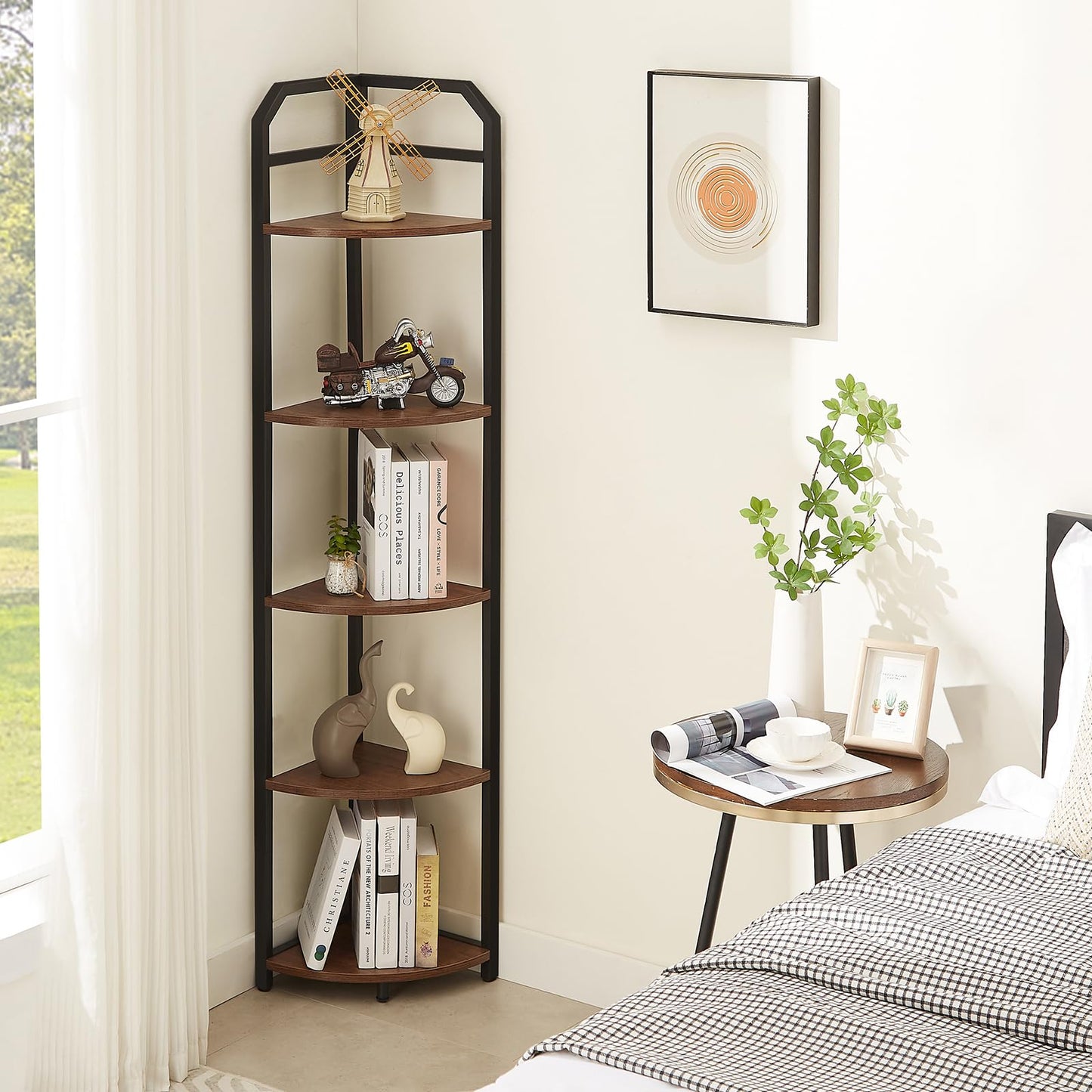 MNEETRUNG 5-Tier Industrial Corner Shelf - Freestanding Brown Bookshelf for Space-Saving Storage and Display - WoodArtSupply