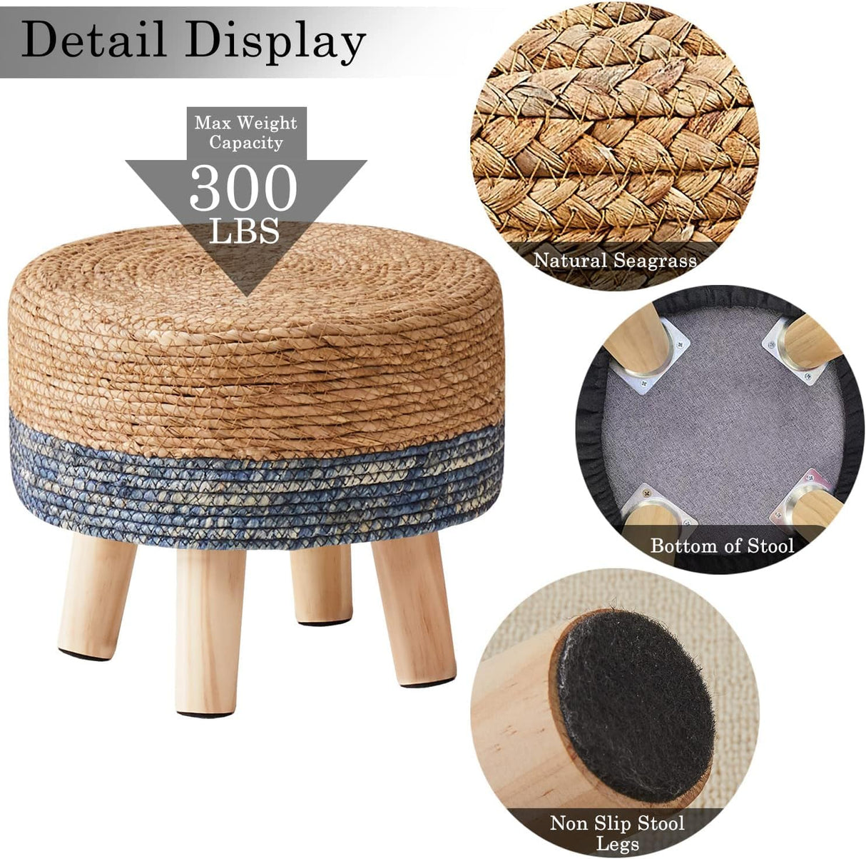 Wimarsbon Round Foot Stool Natural Seagrass Poufs Ottoman Hand Weave Footrest Stool for Couch Desk Extra Seat Step Stool with Solid Wood Legs for Hallway Patio Lounge Blue Wimarsbon