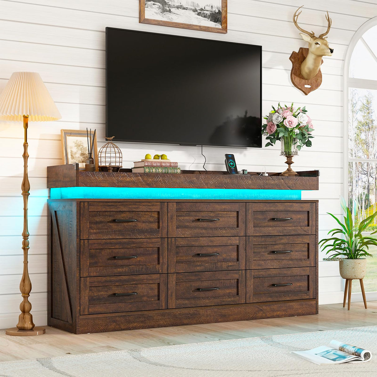 Hlivelood Large Farmhouse 9 Drawers Dresser for Bedroom with LED Light and Power Outlets,63" Wide Wood Rustic 9 Chests of Drawers for Closet,Tall Storage Dresser Organizer for Bedroom(Antique Brown) Hlivelood