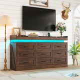 Hlivelood Large Farmhouse 9 Drawers Dresser for Bedroom with LED Light and Power Outlets,63" Wide Wood Rustic 9 Chests of Drawers for Closet,Tall Storage Dresser Organizer for Bedroom(Antique Brown) Hlivelood