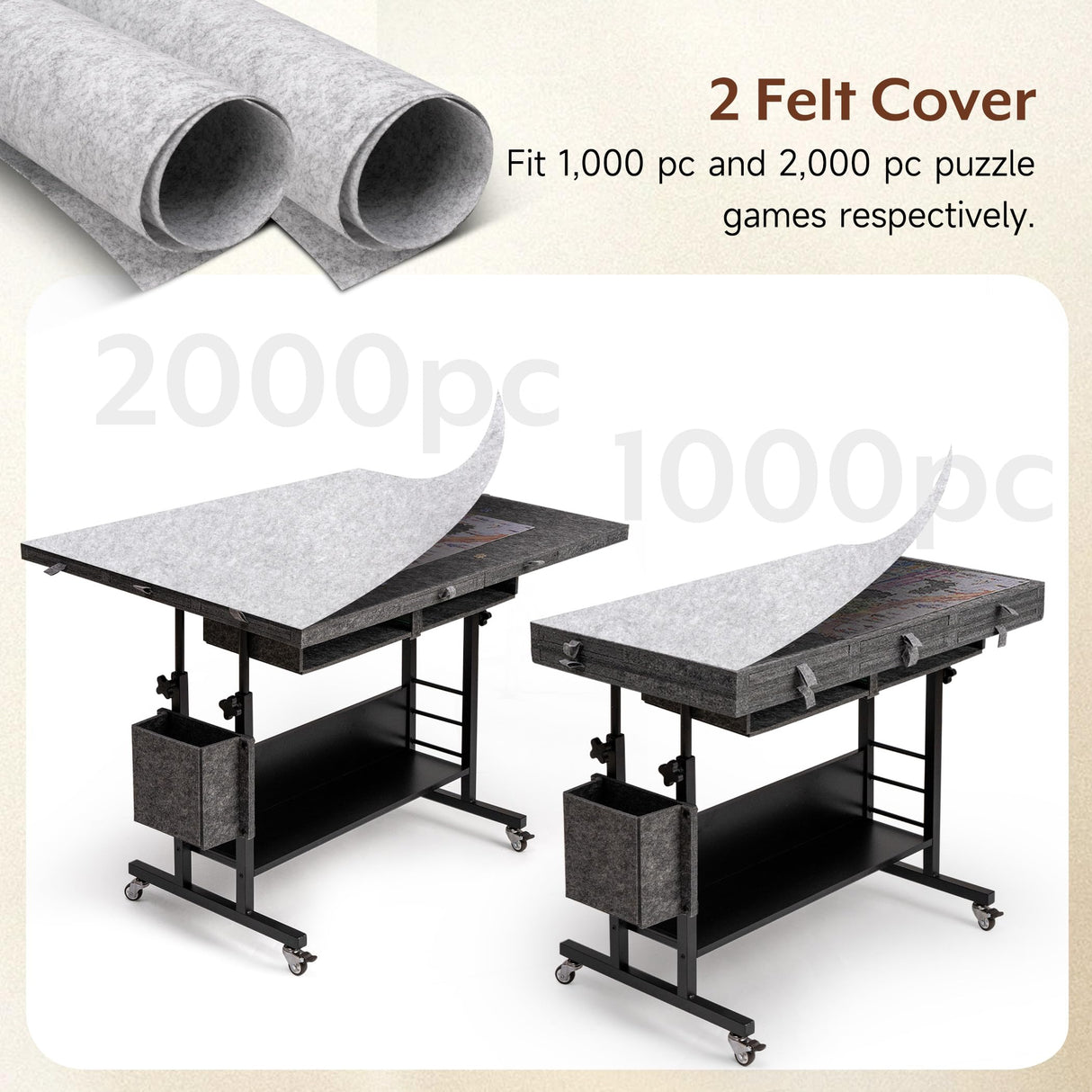 Tektalk 2000 Piece Foldable Felt Jigsaw Puzzle Table with Height Adjustment, Puzzle Board for Adults with 2 Cover & 8 Sorting Trays/Drawers, Easel with Legs, Enclosed with 4 Roller Wheels - Dark Gray Tektalk