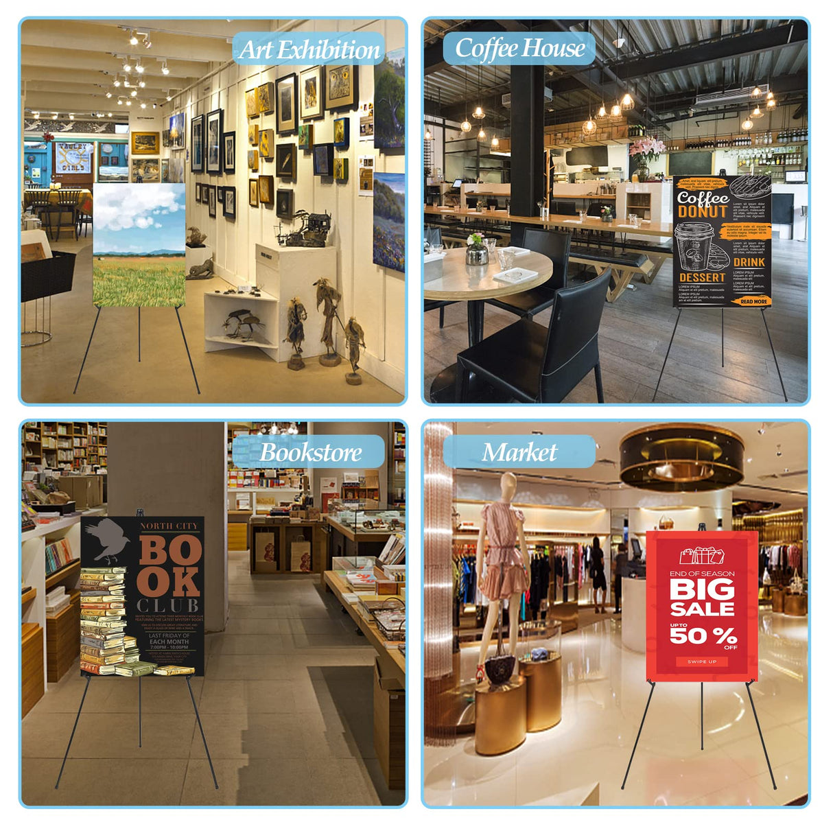 Thickened Easel Stand for Wedding Sign & Poster 63'' Portable Easels for Display Black Art Easel for Floor Adjustable Metal Easel Stand,Quick Set-Up Tripod Stand, Presentations,Signs,Posters (Black) Xlong