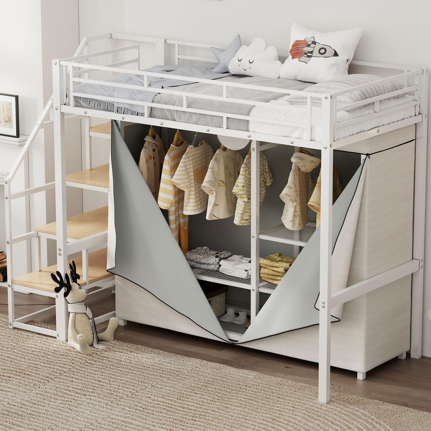 Twin Size Loft Bed with Stairs and Storage Shelves, Heavy Duty Loft Bed with Wardrobe and Removable Dust Cover, Twin Loft Bed with Full Length Guardrail, White Loft Bed Twin Size