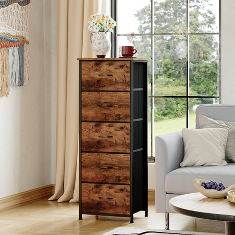 Somdot Tall Dresser for Bedroom with 5 Drawers, Storage Organizer Chest of Drawers with Removable Fabric Bins for Closet Bedside Living Room Laundry Entryway Hallway, Wood Grain Print Somdot