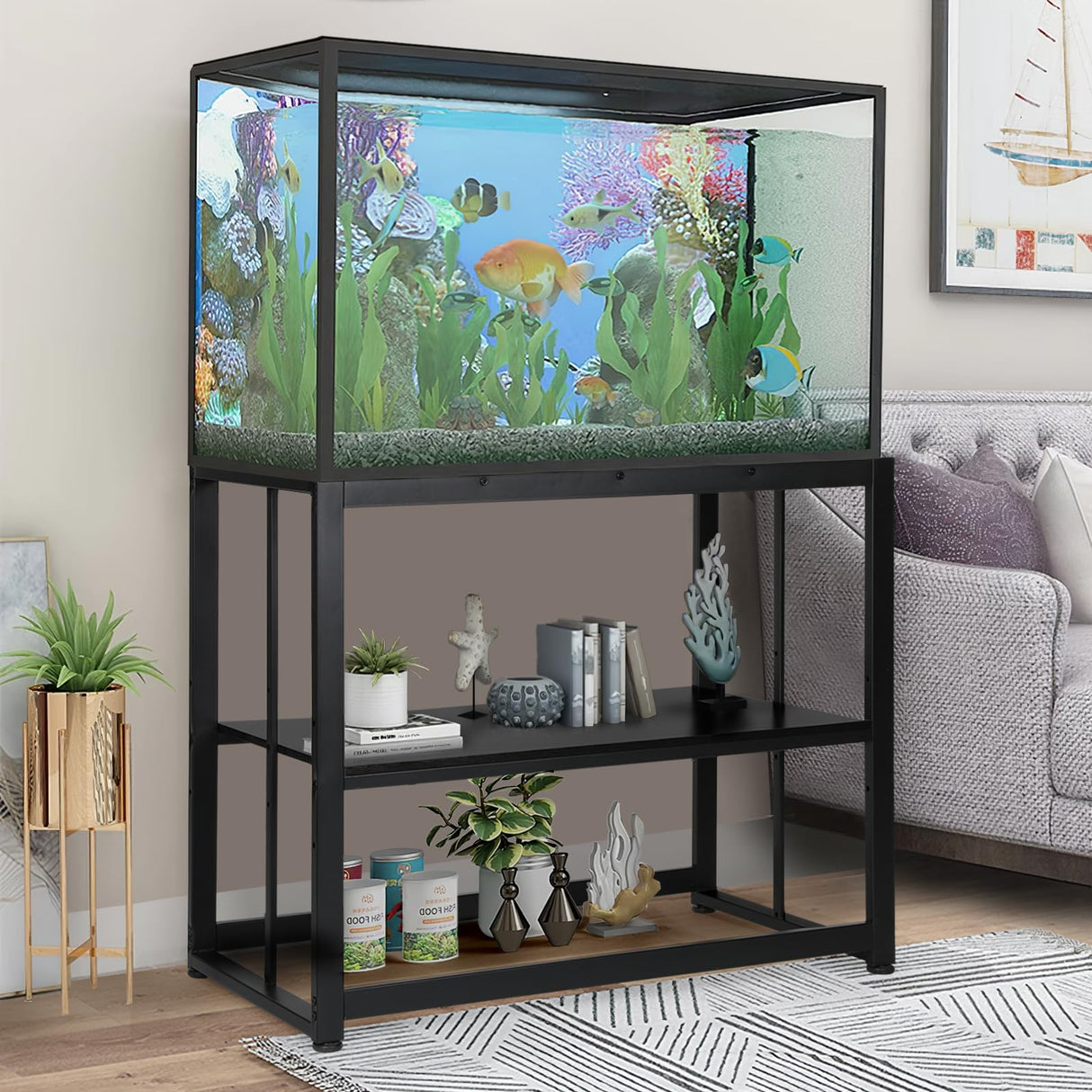 VOWNER 55-75 Gallon Fish Tank Stand - Metal Aquarium Stand, 48.4" x 14.9" x 29.5" Heavy Duty Reptile Tank Stand, Adjustable 2-Tier Fish Tank Rack Shelf for Home Office, Tank not Included, Black VOWNER