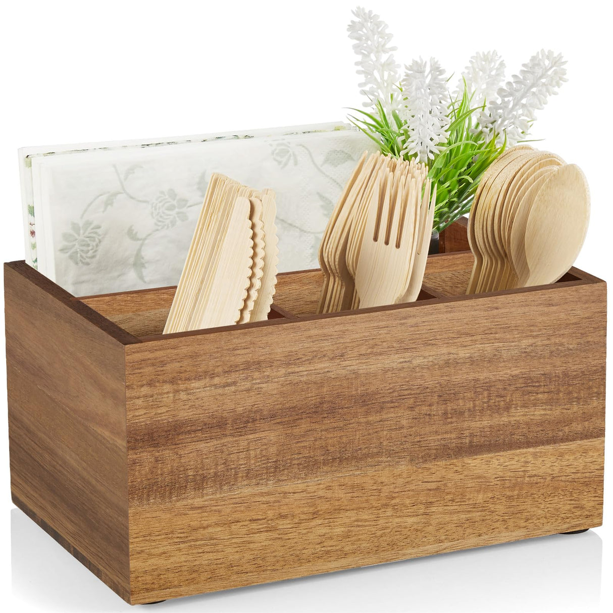 DRASTAR Utensil Caddy, Silverware Caddy for Party, Acacia Wood Silverware Holder, Silverware Organizer Countertop, Cutlery Storage Containers for Kitchen Table DRASTAR