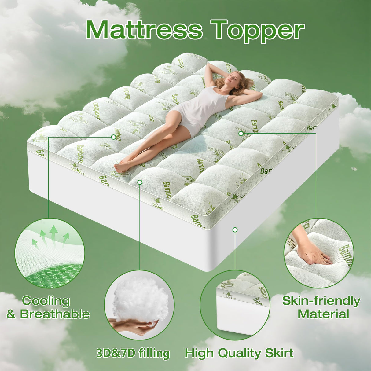 Easthome Mattress Topper Twin Size Viscose Derived from Bamboo, Thick Soft Pillow Top Mattress Pad Cover for Back Pain, Mattress Protector with 8-21 Inch Deep Pocket, White Easthome