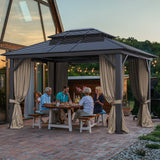 WELYAS Aluminum Hardtop Gazebo 10' X 12' Heavy Duty All Weather Black Gazebos with Galvanized Steel Double Metal Roof for Garden Patio Deck Backyard, Curtains and Netting Included WELYAS
