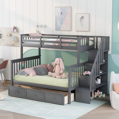 Twin Over Full Bunk Bed with Stairs and Storage Drawers by Harper & Bright Designs in Grey