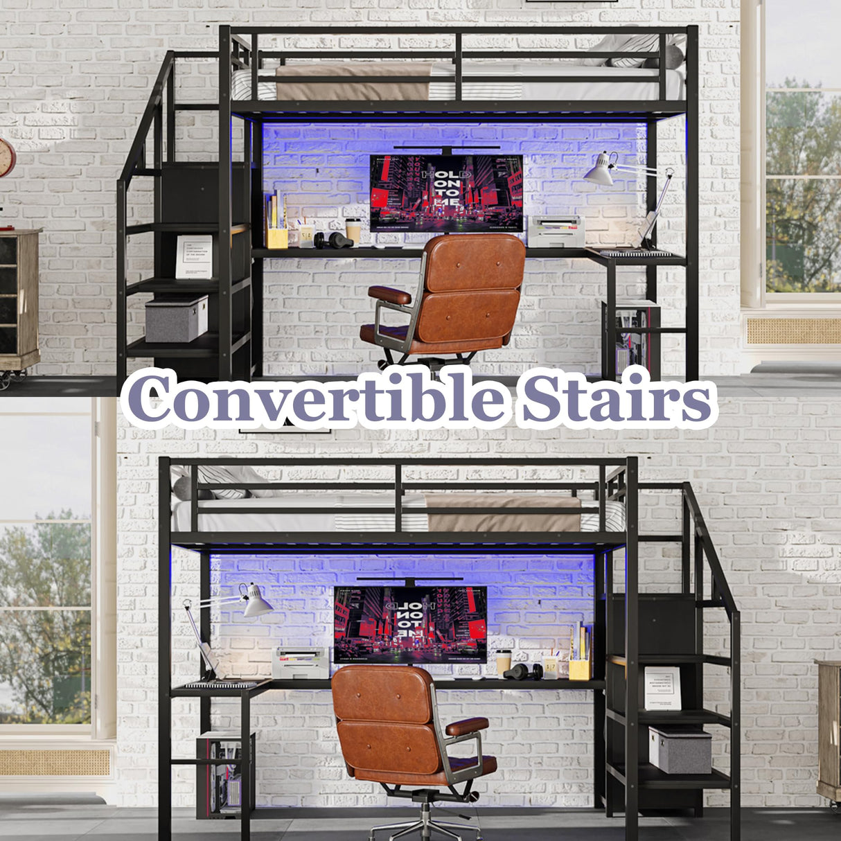 Bellemave Queen Loft Bed with Desk & Wardrobe, Heavy Duty Metal Loft Beds with Storage Stairs, LED Loft Bed Queen Size with Charging Station & Safety Guardrails, No Box Spring Needed, Black Bellemave