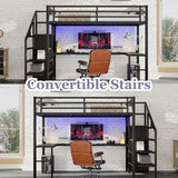 Bellemave Queen Loft Bed with Desk & Wardrobe, Heavy Duty Metal Loft Beds with Storage Stairs, LED Loft Bed Queen Size with Charging Station & Safety Guardrails, No Box Spring Needed, Black Bellemave