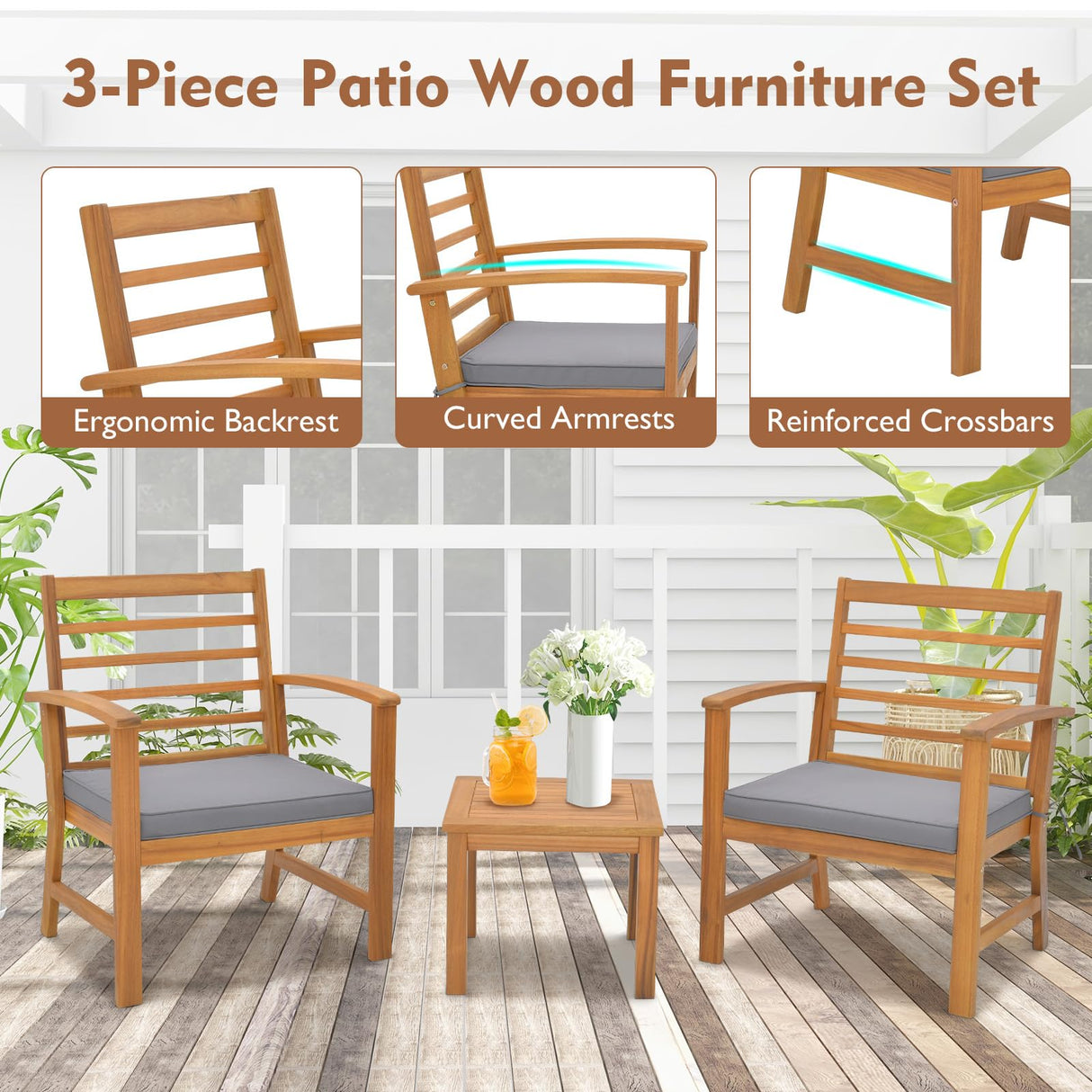 Tangkula 3 Pieces Outdoor Furniture Set, Acacia Wood Conversation Set with Soft Seat Cushions, Stable Acacia Wood Frame, Patio Sofa & Coffee Table Set for Backyard, Porch, Poolside (Grey) Tangkula