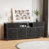 Furnulem 55” Long Dresser for Bedroom, TV Stand for 55 to 65 inch TV, Black Dresser with 10 Fabric Drawers, Chest of Drawer for Closet, Entertainment Center with Power Outlet & LED Light Furnulem