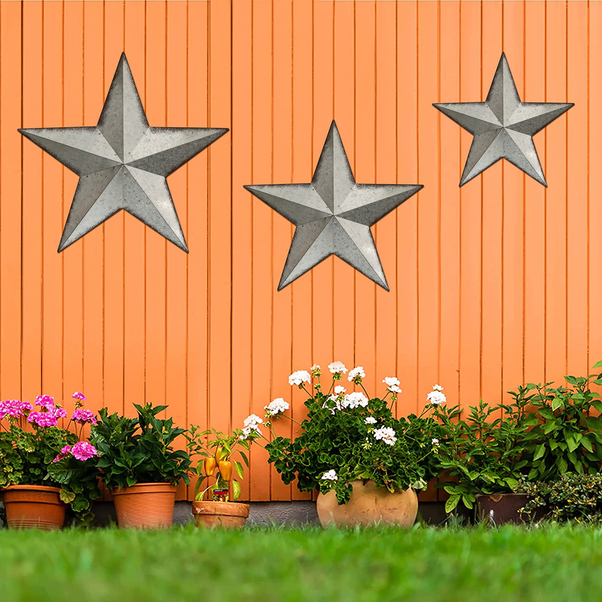 COLLECTIVE HOME - 3 Pcs Metal Barn Star, Galvanized Hanging Wall Decor, Farmhouse Wall Sculpture, 3D 13/11/9.5 Inch Wall Art for Office Living Room Bedroom (Galvanized Star) COLLECTIVE HOME