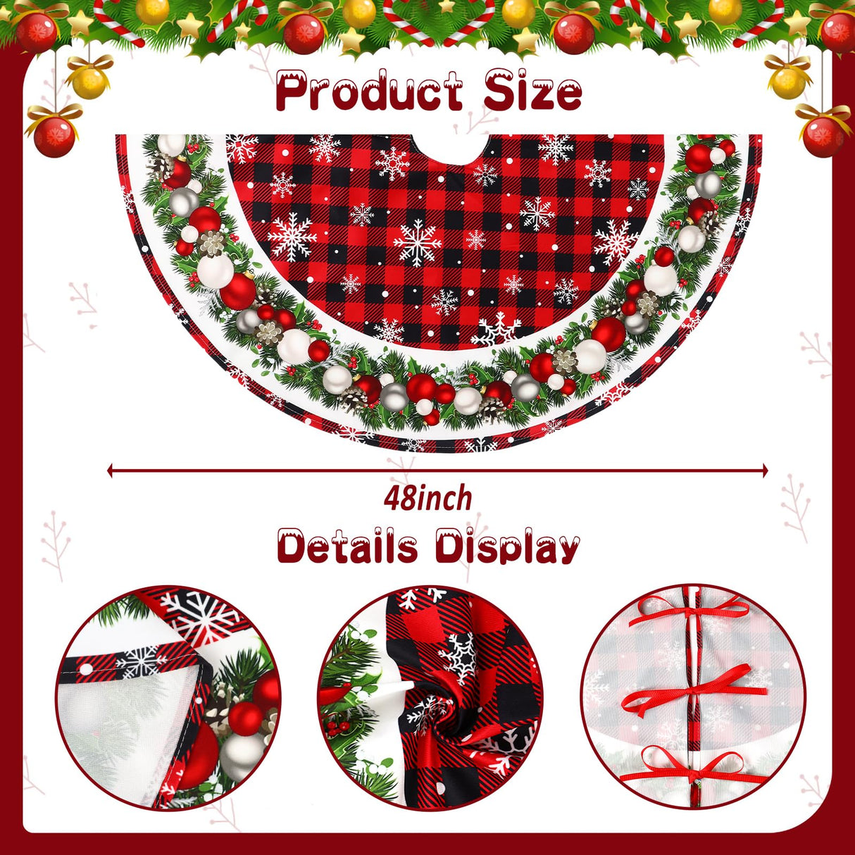 48 Inch Christmas Tree Skirt Red and Black Buffalo Plaid Christmas Tree Skirt, Snowflake Bells Decoration, New Year's Eve Holiday Party Outdoor Decoration Staraise