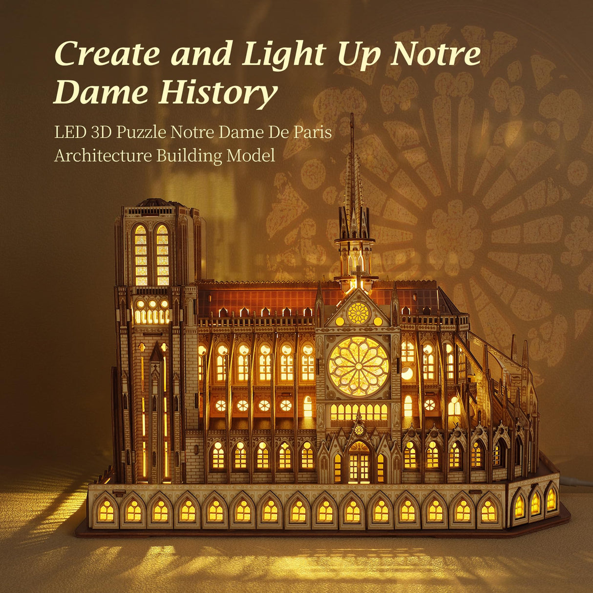 FUNPOLA LED 3D Wood Puzzle - Notre Dame de Paris Architecture Model-Night Edition with LED Lighting- DIY Building Model Craft Kit, Architecture Building Set FUNPOLA