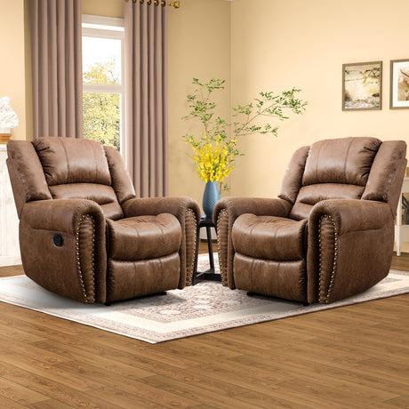 CANMOV Leather Recliner Chair Set of 2, Classic and Traditional Manual Recliner Chair with Comfortable Arms and Back,Manual Single Recliner Sofa for Living Room, Nut Brown CANMOV
