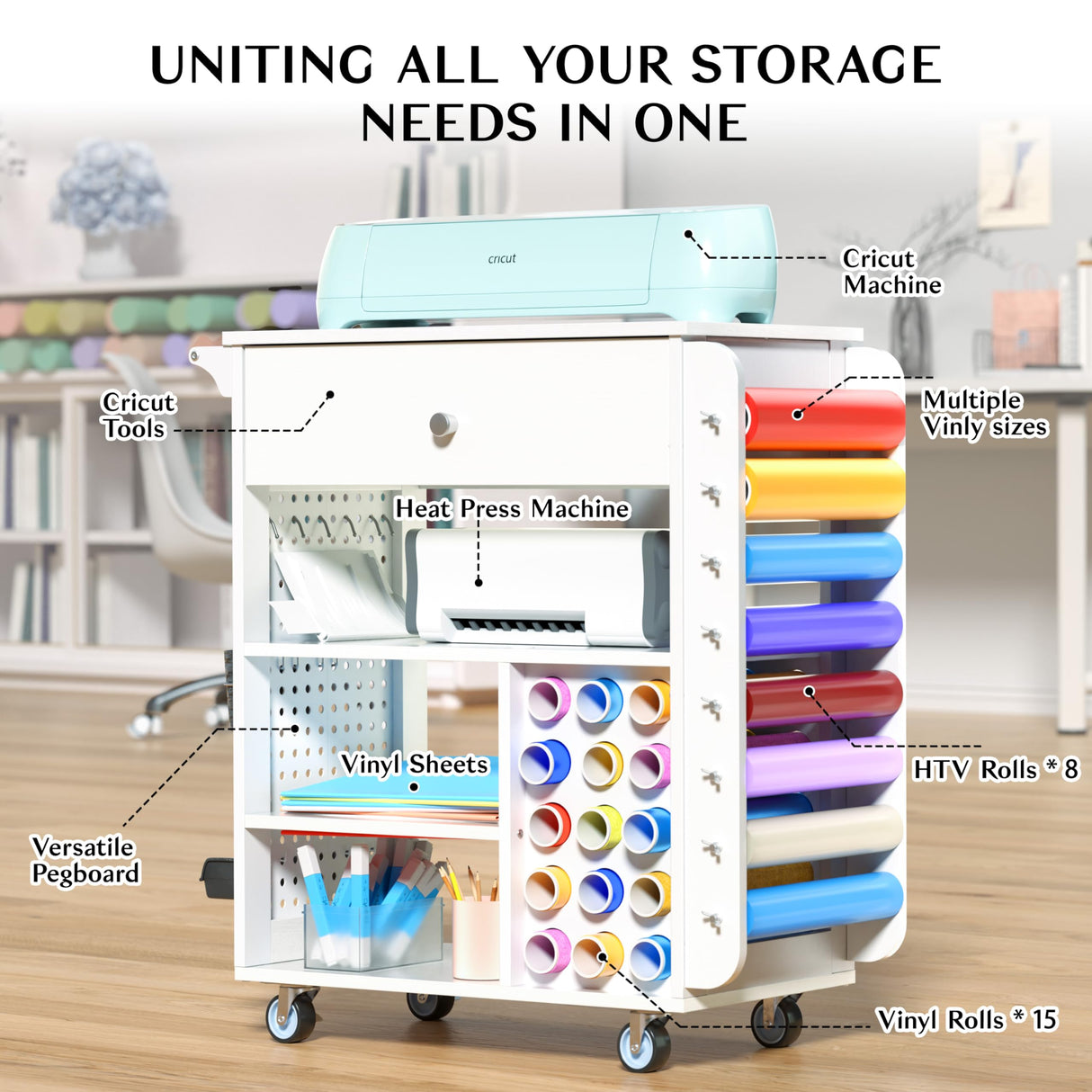 Oransail Rolling Craft Storage, Compatible with Cricut Machines, Craft Cart with Vinyl Roll Holders, Craft Table with Storage, Craft Cabinet Workstation Tool Holder for Craft Room Oransail