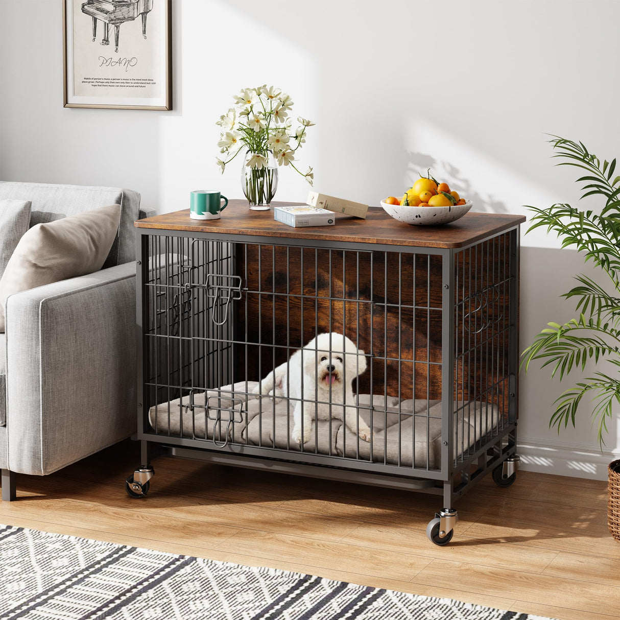 Dog Crate Furniture, 38.6" Wooden Dog Kennel with Wheels & Double Doors, Dog Cage End Table Upgraded, Indoor Dog Crate House for Large Medium Dogs, Rustic Brown GAOMON