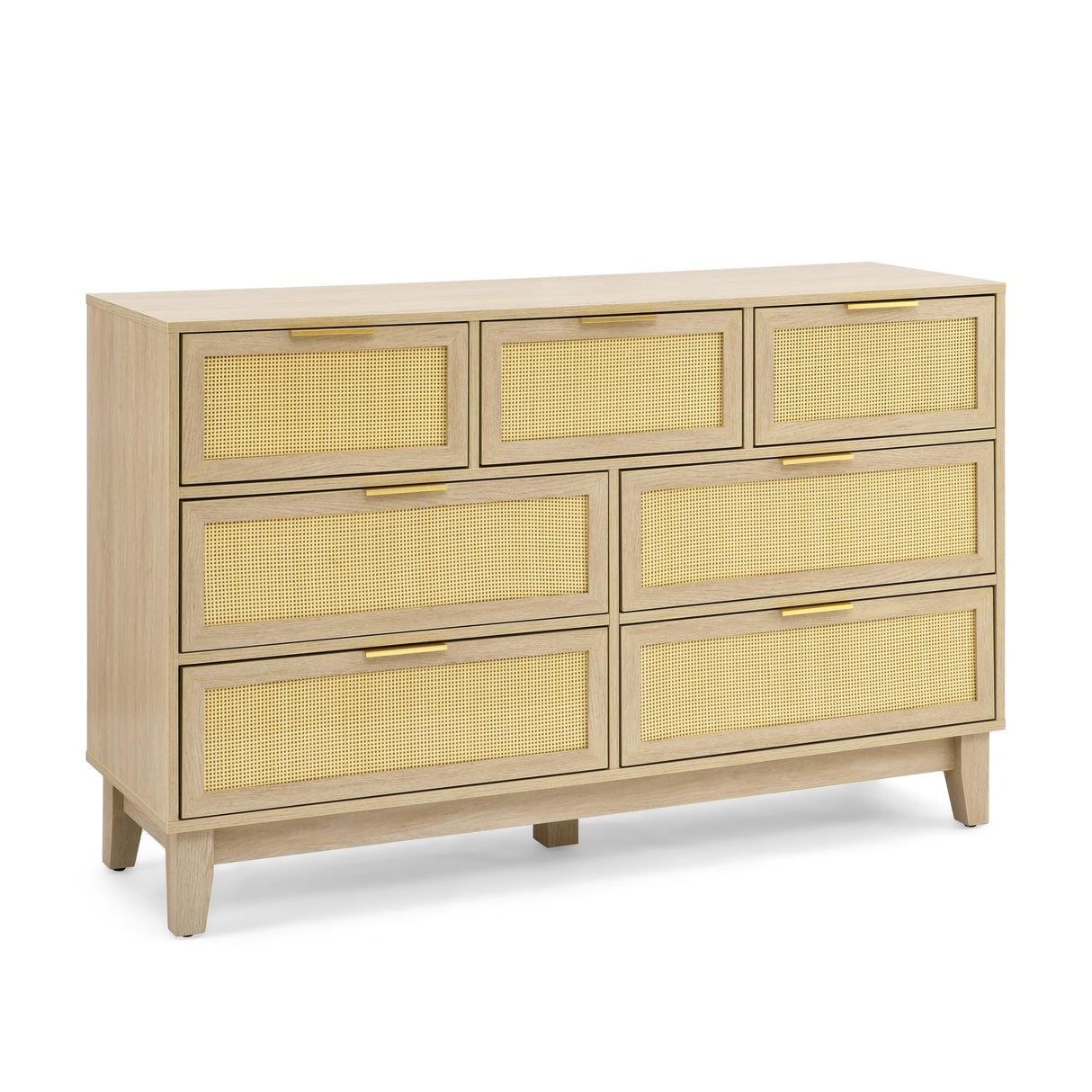 SEHAONOHOME Rattan Dresser with 7 Drawers, Wooden Modern Chest of Drawers, Wood Storage Cabinet for Bedroom, Entryway, Living Room and Hallway, Natural Wood SEHAONOHOME