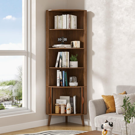 Limaoaio 5-Tier Corner Shelf, 66.73''Tall Modern Corner Bookshelf, 5 Shelf Bookcase with 2 Fluted Doors, Freestanding Wood Corner Display Storage Shelf Organizer for Living Room, Office (Walnut) Limaoaio