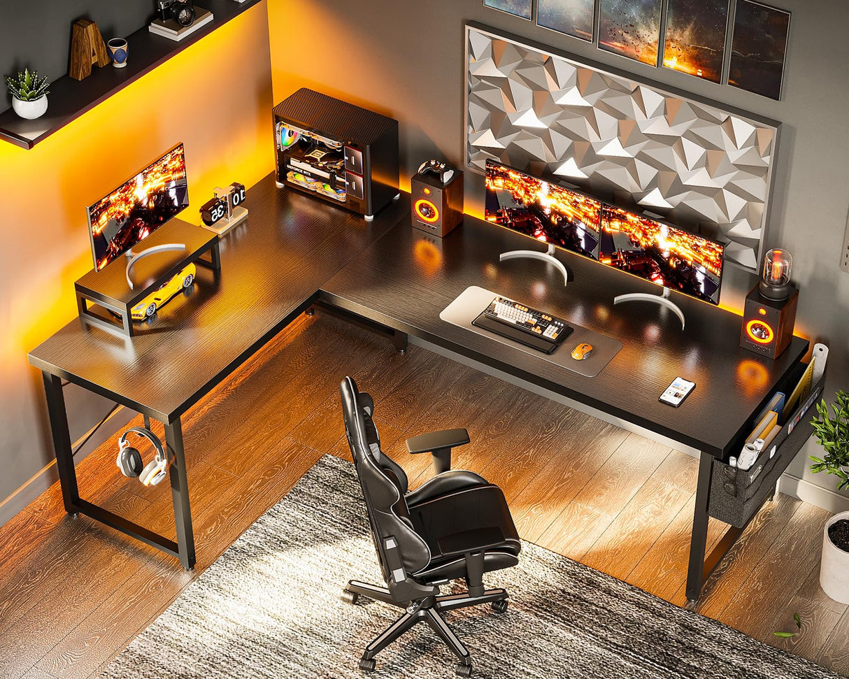 ODK L Shaped Desk, 66" Computer Corner Desk, Gaming Desk, Home Office Writing Desk with Monitor Shelf, Space-Saving Workstation Desk, Modern Simple Wooden Table, Easy to Assemble, Black ODK