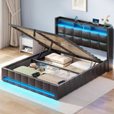 Rolanstar Bed Frame Queen Size with Lift Up Storage, Charging Station & LED Lights, Upholstered Storage Headboard, Heavy Duty Wooden Slats, No Box Spring Needed, Noise Free, Easy Assembly, Black Rolanstar