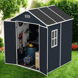 Outdoor Storage Shed 6x6 FT, Resin Shed with Floor & Window, Lockable Door, Vents, Outside Sheds & Garden Shed for Patio Furniture, Gardening Tools, Pool Equipment (Dark Gray, 6 * 6ft) OUEEEDD