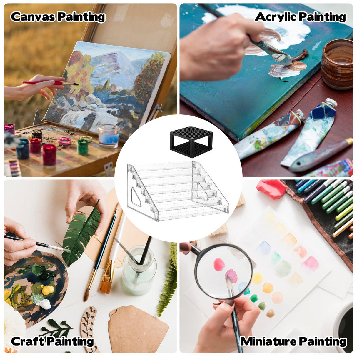 YEXEXINM 2 Pcs Clear Paint Organizer With Paint Brush Holder,7 Layers Acrylic Paint Organizer,Paint Storage Rack,Craft Paint Organizer Rack,Miniature Paint Holder for Paint Storage YEXEXINM