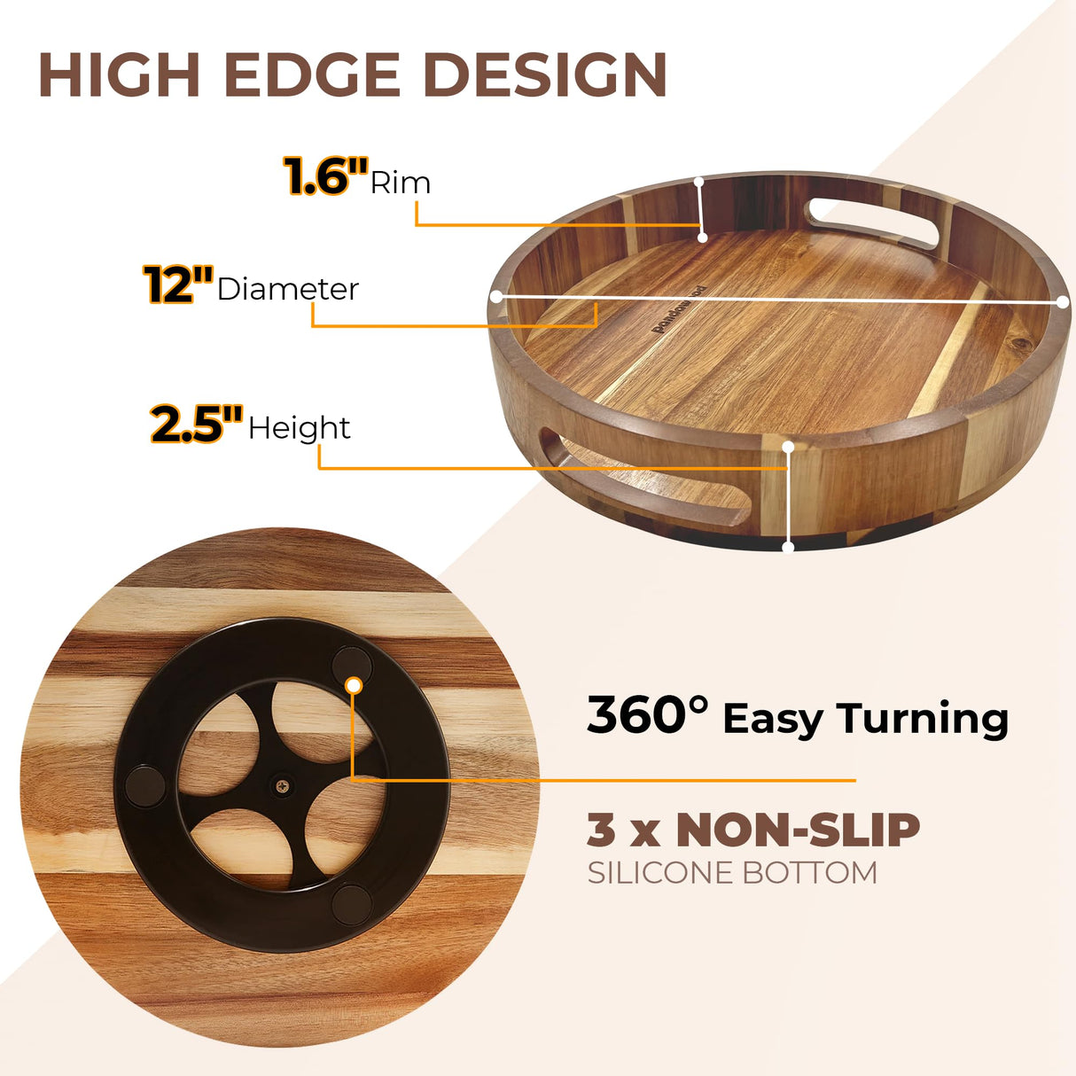 Lazy Susan Organizer - 12 Inch Lazy Susan Turntable Organizer - Wooden Lazy Susan for Table Top, Countertop, Cabinet, Pantry, Dining Table - 100% Acacia Wood Lazy Susan - Kitchen Countertop Organizer PANDAWOOD
