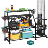 TC-HOMENY Large Fishing Rod Holders for Garage Fits for 12 Rods, 4-Tier Fishing Pole Rack Cart with Enlarged Shelves, Fishing Gear Tackle Organizer Storage Cart with Wheels for Garage, Outdoor, Black TC-HOMENY