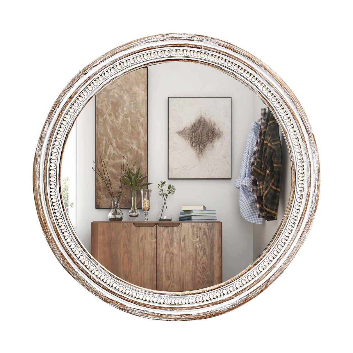 HOITUZYUS 24 Inch Round Wood Mirror, Rustic Farmhouse Circle Mirror with Beaded Design, Distressed Boho Decorative Wall Mirror for Entryway, Bathroom, Bedroom, Living Room HOITUZYUS