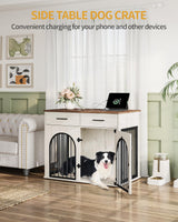 Hzuaneri 39.4'' Large Dog Crate Furniture with 2 Storage Drawers, Heavy Duty Dog Kennel Indoor with Charging Station, Wooden Dog Cage End Table Kennel for Medium/Large Dogs, White Brown DFC84214B Hzuaneri