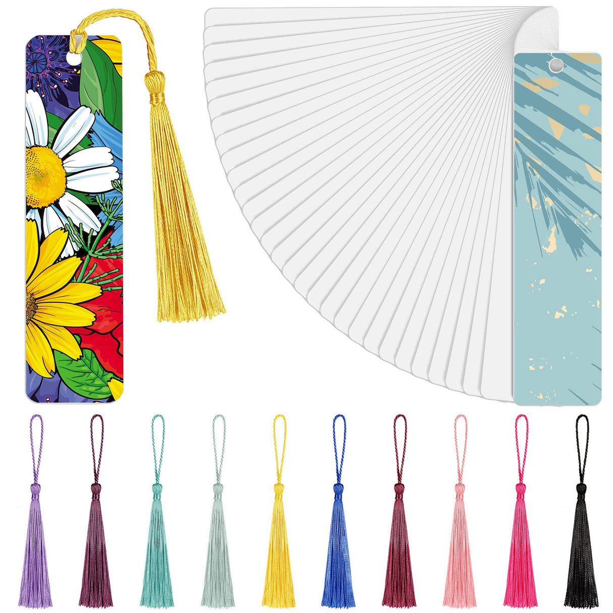 Tenare 50 Pieces Sublimation Blank Bookmark Heat Transfer Metal Aluminum DIY Bookmark with Hole and Colorful Tassels for Crafts, Birthday Wedding, Single-Sided Printing Tenare