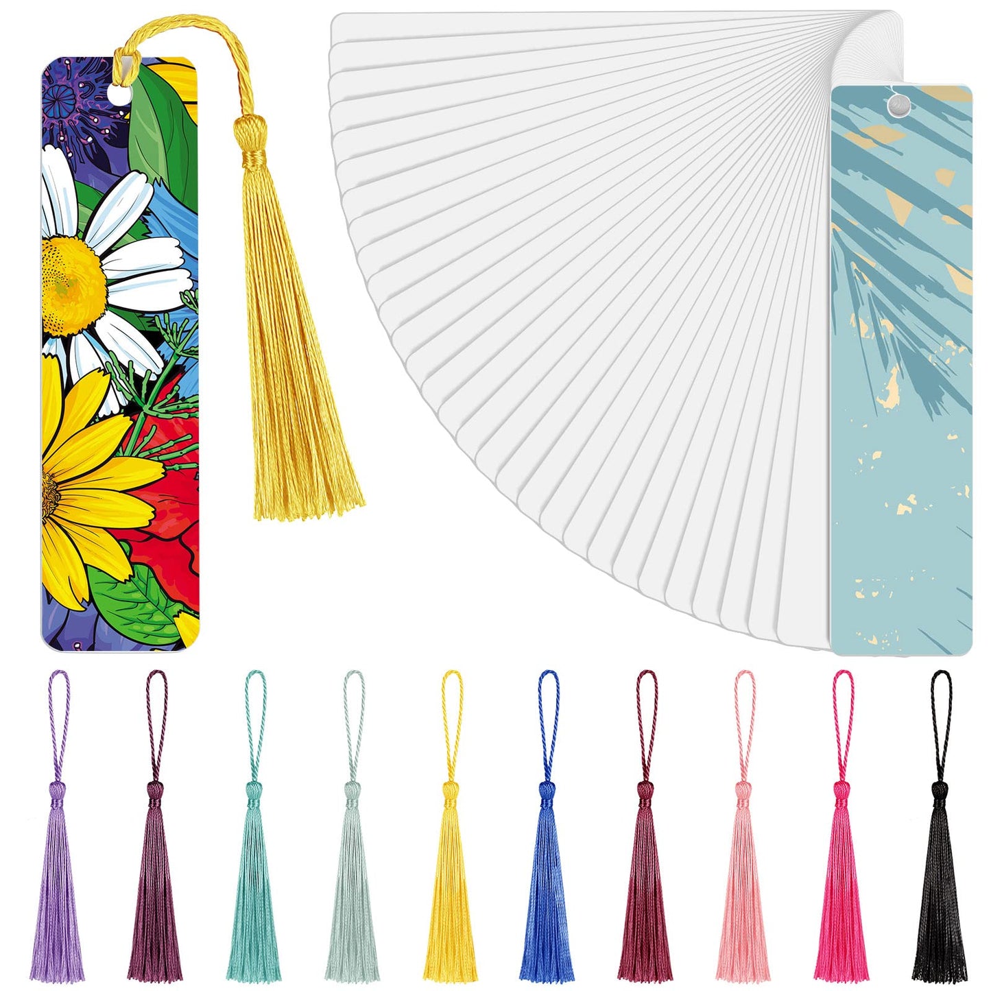 Tenare 50 Pieces Sublimation Blank Bookmark Heat Transfer Metal Aluminum DIY Bookmark with Hole and Colorful Tassels for Crafts, Birthday Wedding, Single-Sided Printing