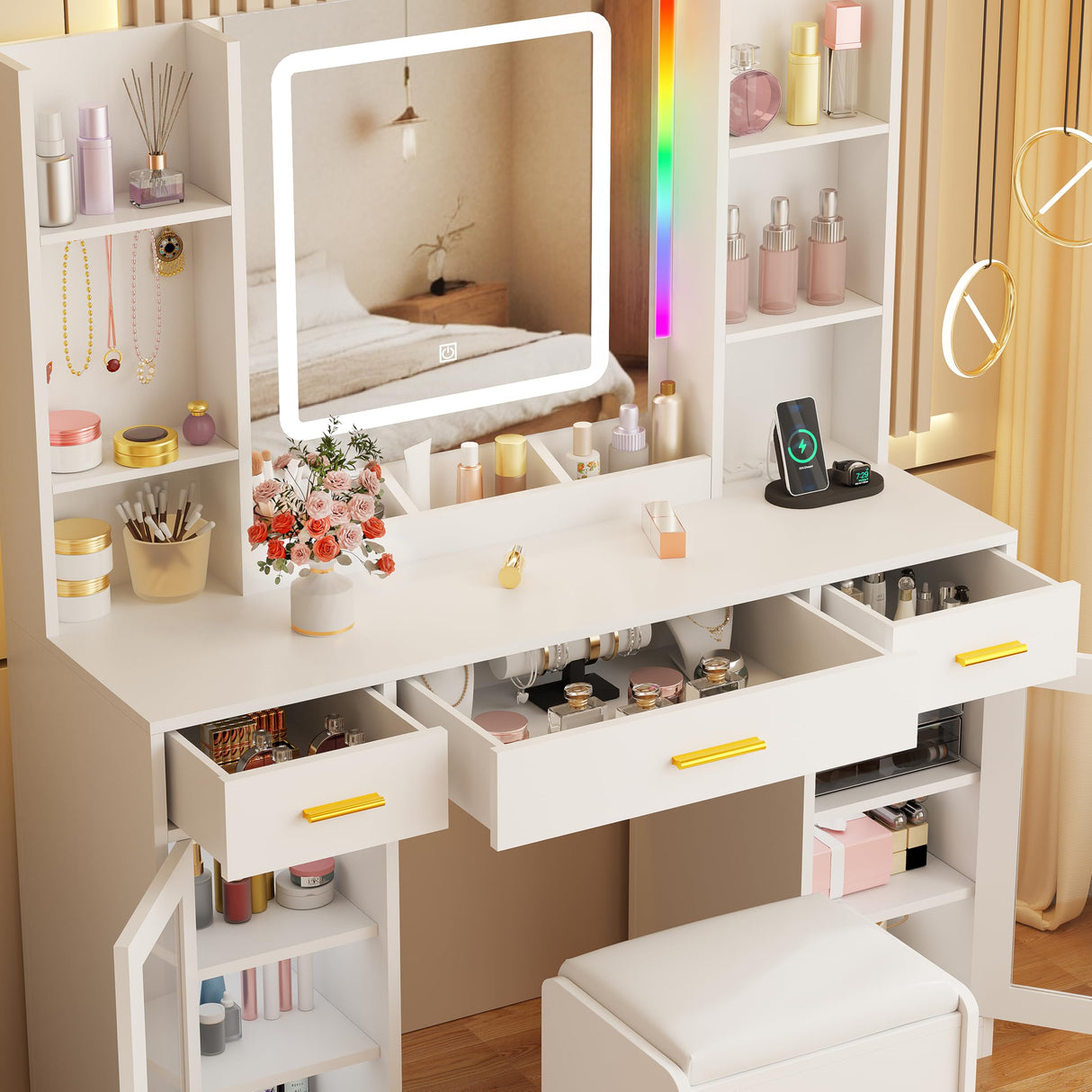 ANWBROAD Vanity Desk with Mirror and Lights 3 Colors 43.3" Makeup Vanity with RGB Lights and Power Strip Large Vanity Set with 3 Drawers 2 Cabinets White Dressing Table Stool for Women Bedroom UBDT78W ANWBROAD