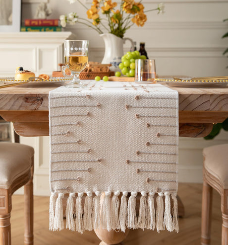 Boho Table Runner 13 x 90 Inch Long Natural Cotton Woven Runner with Tassels for Home Dining Table décor, for Modern Farmhouse Decor Coffee Table Runner, Taupe and Beige Caflife