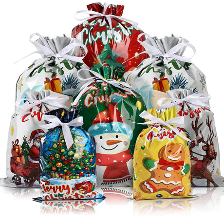 AURUZA 20PCS Christmas Drawstring Gift Bags - Assorted Sizes from Small to Jumbo, with Colorful Designs & Tags, Ideal for Holiday Wrapping & Decorations Party Favors AURUZA