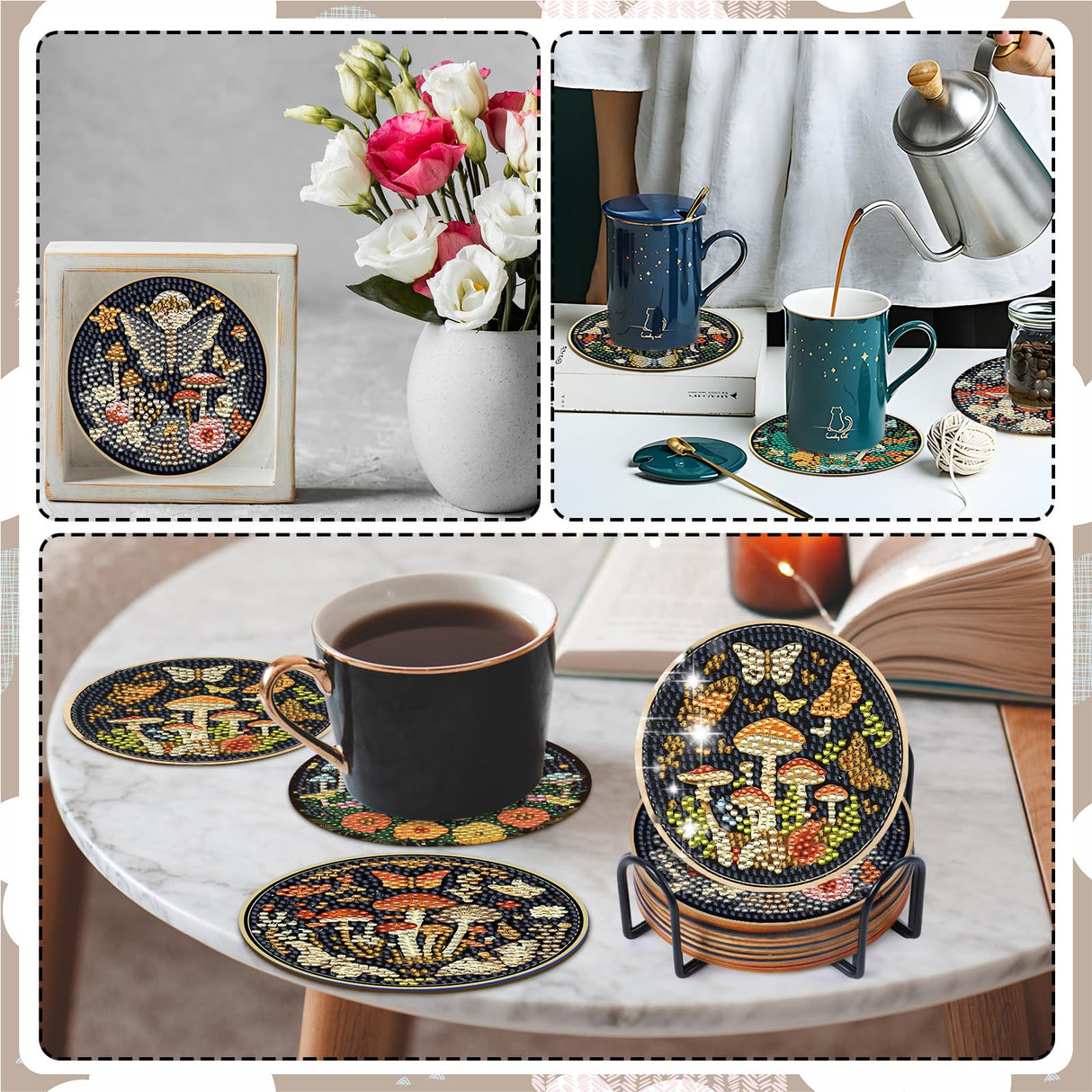 Mushroom Diamond Art Coasters Kit - 8 Pcs Boho Celestial Moth Mushroom Diamond Painting Coasters Kit for Adults, Gem Art Rhinestone Painting DIY Craft Supplies for Women Halloween Sitsink