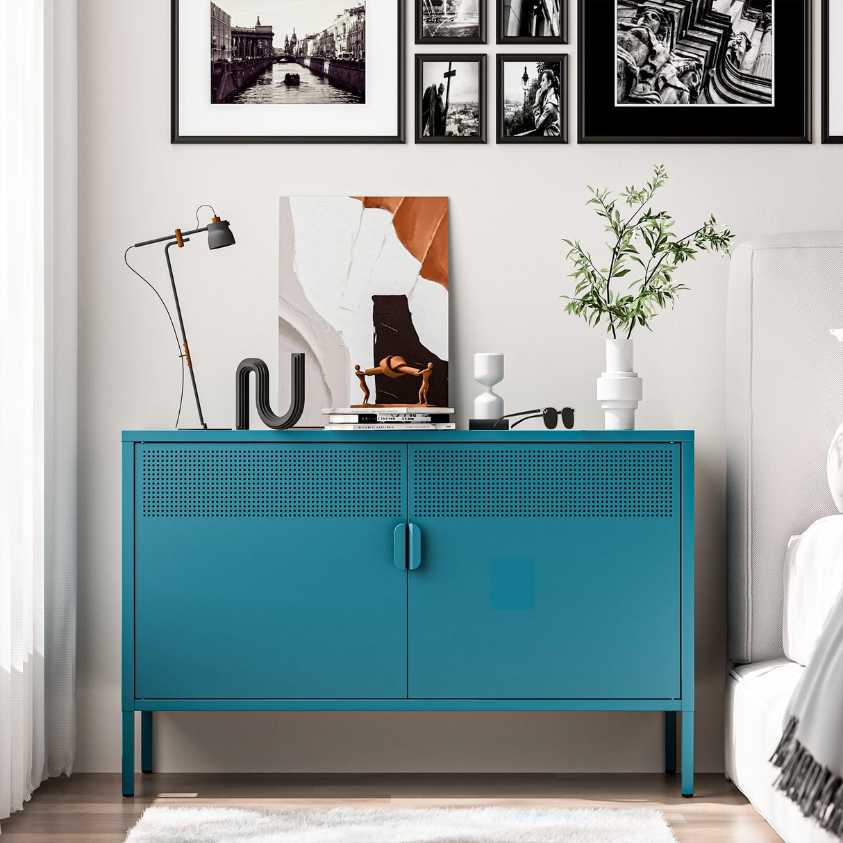 Washsemba 2 Door Storage Sideboard, Metal Storage Cabinet with 2 Adjustable Shelf,Multipurpose Metal Accent Cabinet for Office Home,Music Studio (Peacock Blue, 25''H) Washsemba