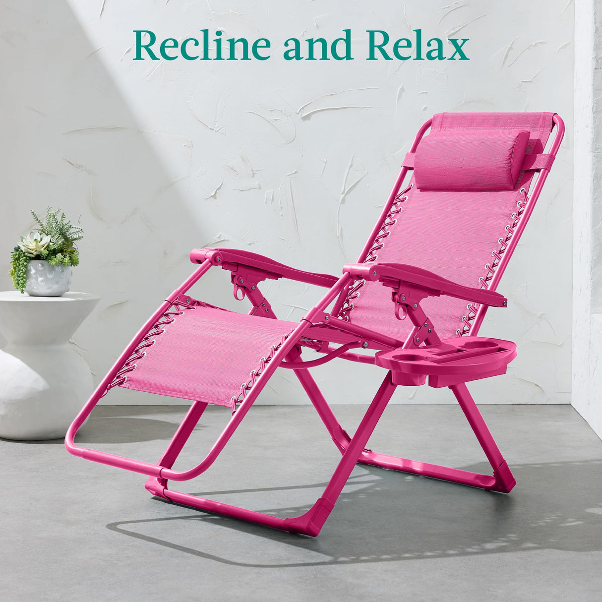 Best Choice Products Adjustable Zero Gravity Chair, Monochromatic Color Folding Patio Recliner w/Side Tray, Headrest - Hot Pink Best Choice Products