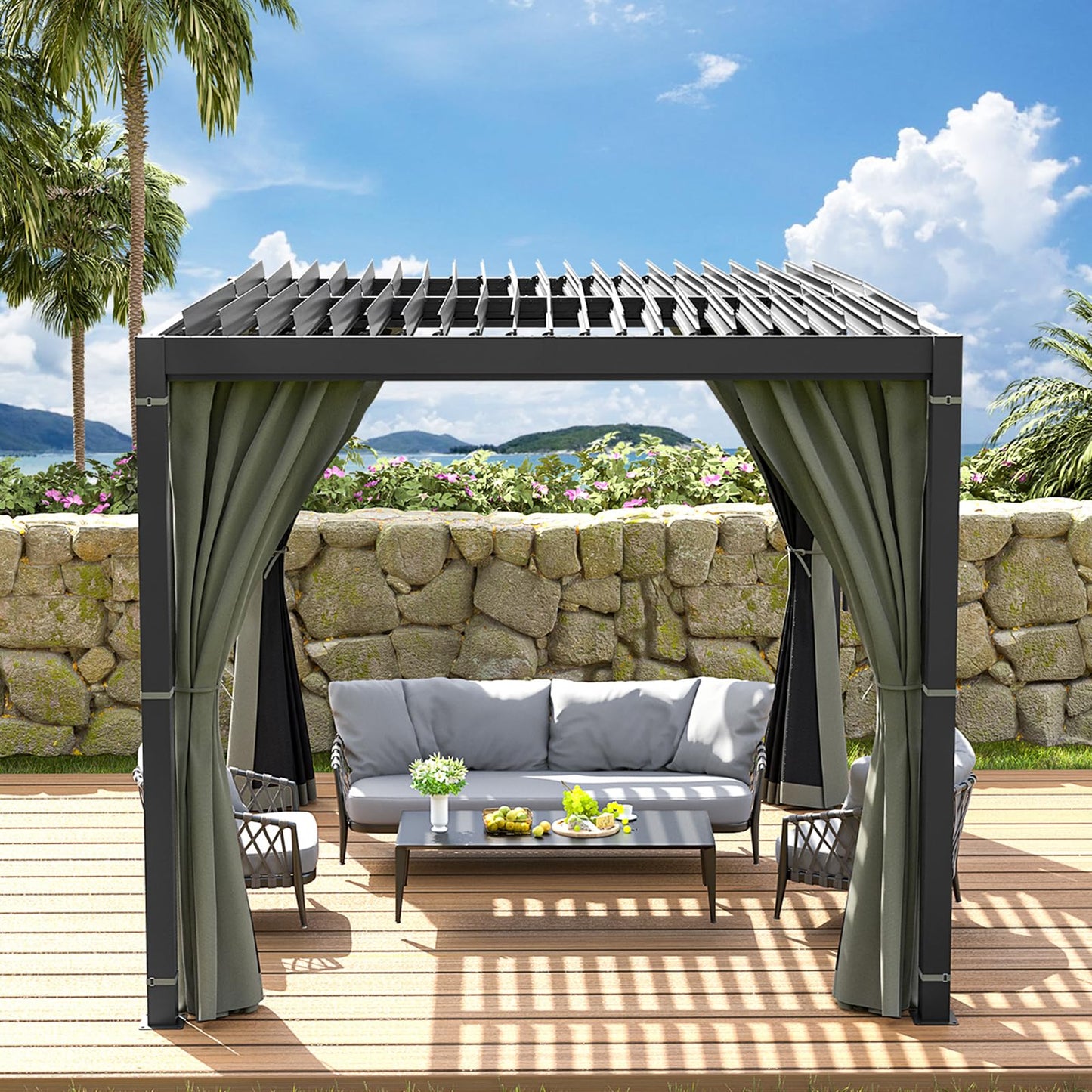 10 x 10 FT Outdoor Louvered Pergola, Pergola with Adjustable Aluminum Rainproof Roof, Gazebo Sun Shade Shelter for Patio Deck Garden Yard, Curtains and Netting Included, Gray