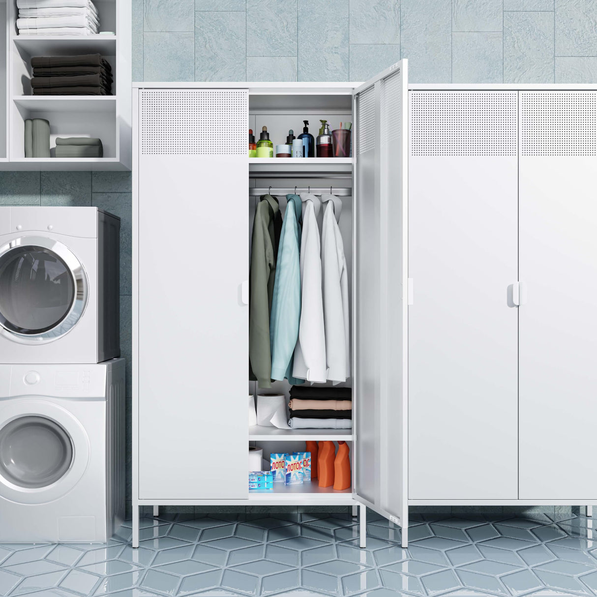 Washsemba Metal Storage Cabinets Locker with Hanging Rod and Adjustable Shelves, 71'' Clothing Steel Storage Wardrobe for Home & Office, School, Employee,Gym(White) Washsemba